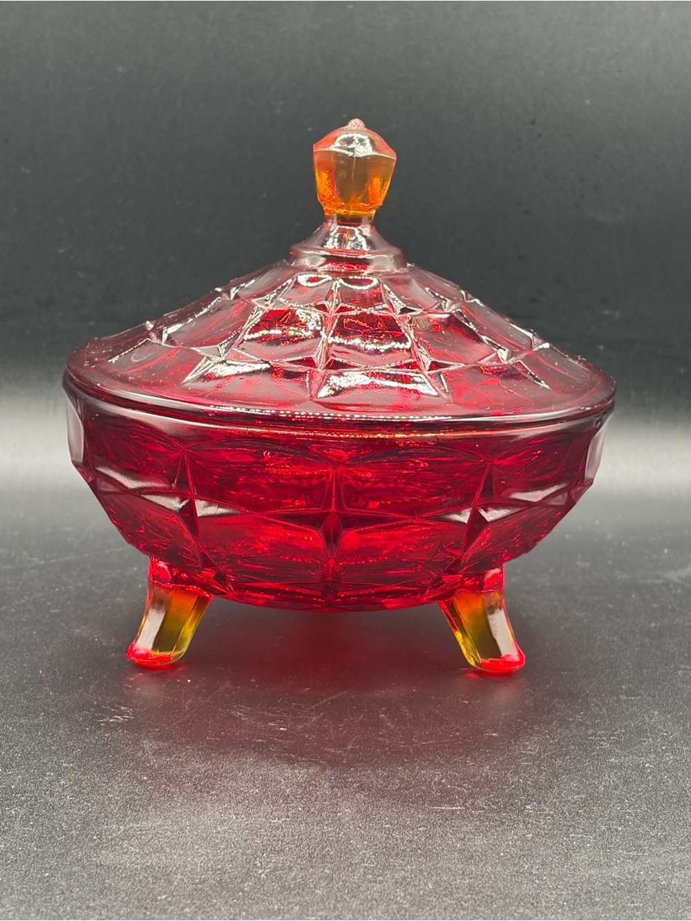 1970's Indiana Glass Constellation / Sunset  Amberina Ruby Red Candy Dish GLOWS
